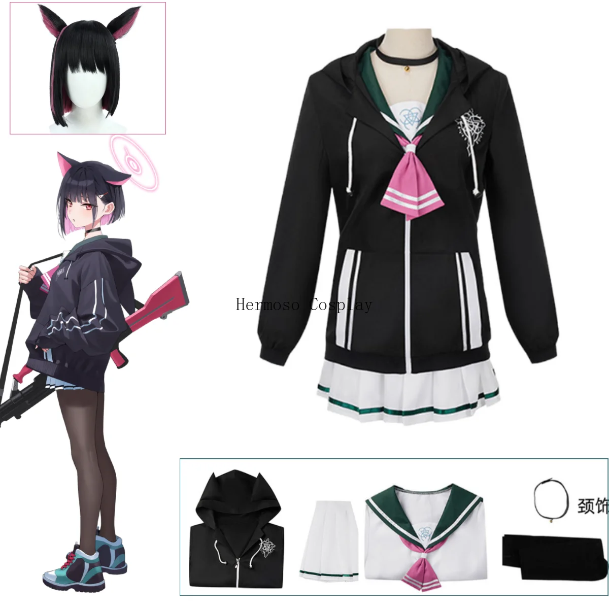 

Anime Game Blue Archive Kyouyama Kazusa Cosplay Costume Black Hooded Coat JK Uniform Skirt Woman Sexy Kawaii Spring Party Suit