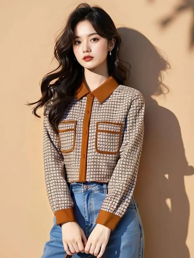 

Шелковый топ прямого кроя с длинным рукавом и воротником в корейском стиле, с цветовыми блоками, для повседневной носки, для молодых женщин 25-29 лет