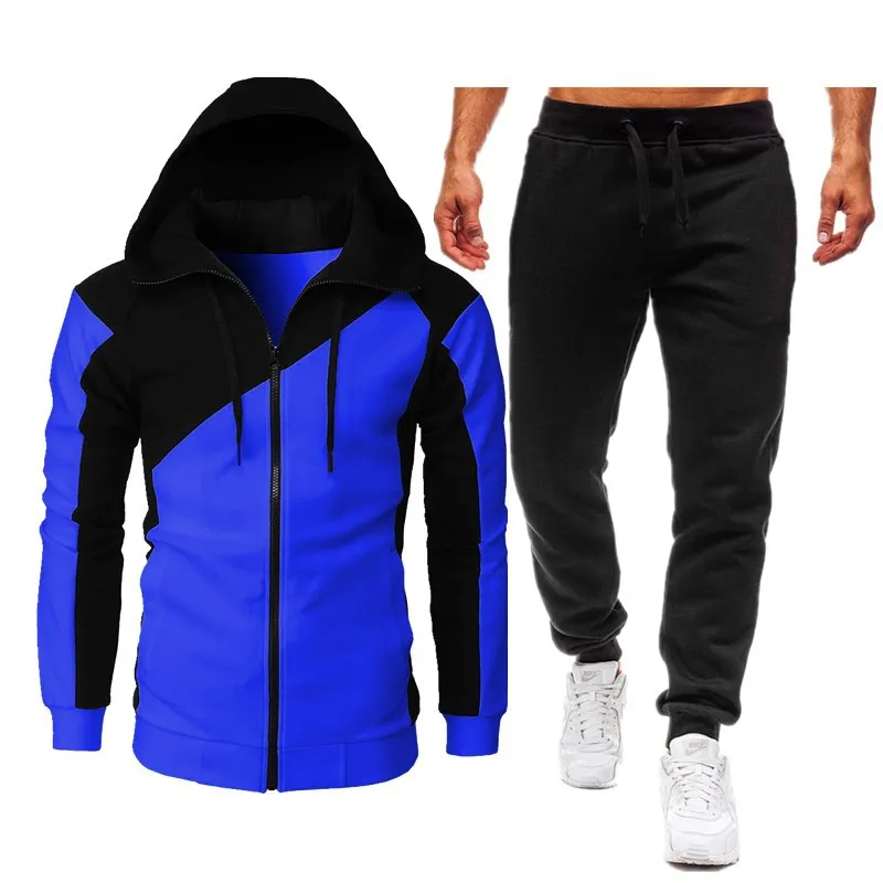 2024 autumn and winter sports two-color spliced jacket long sleeved long pants hooded casual sports men\'s suit