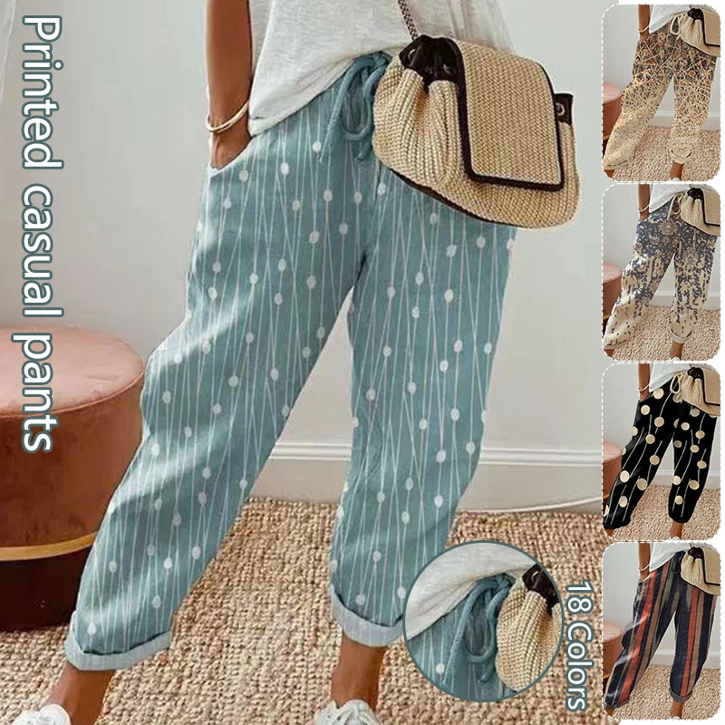Vintage Floral Printed Pants Women Summer Imitation Cotton Linen Wide Leg Trousers Polyester Elastic Waist Casual Pockets Pants