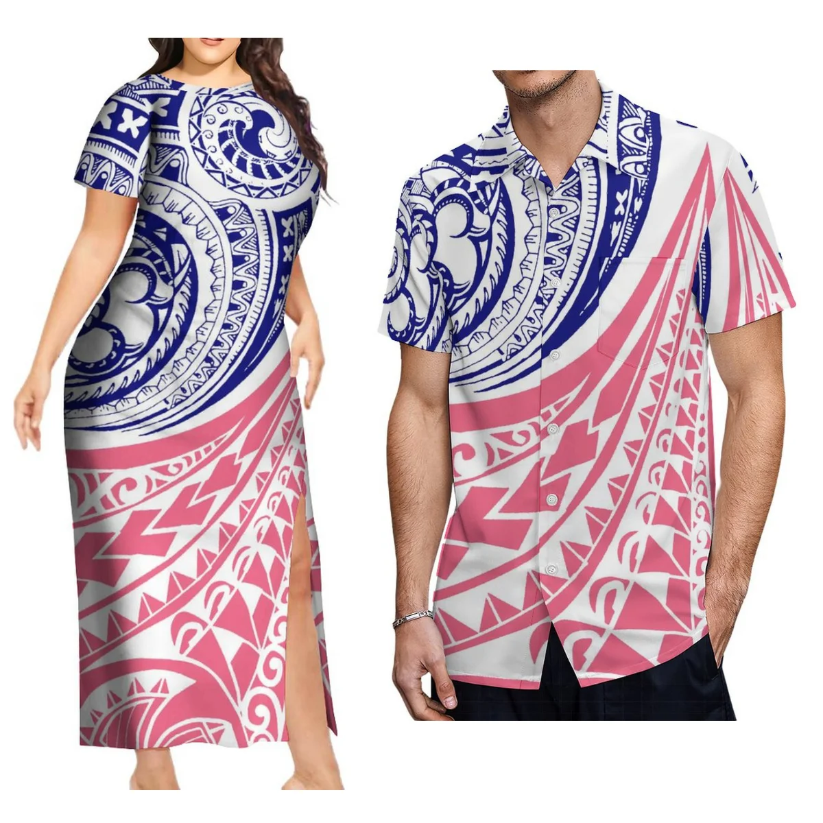 

Stylish Couple Set Elegant Women'S Tight Slit Long Skirt Polynesian Dress Cocktail Dress Matching Men'S Aloha Shirt