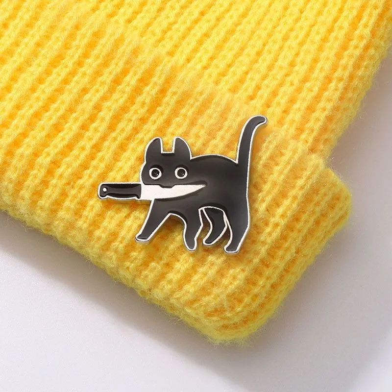 Cartoon Creative Black Cat Holding A Knife Style Brooch Versatile Dripping Oil Metal Badge Clothing Bag Accessories Brooch image 4