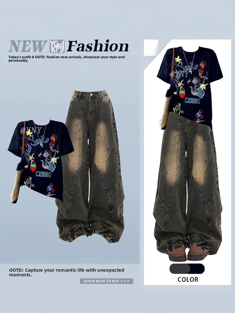 

American Waed Wide Leg Floor-Length Jeans Loose Straight Casual Long Pants Trendy Unique Cartoon fiti ort Sve T-irt