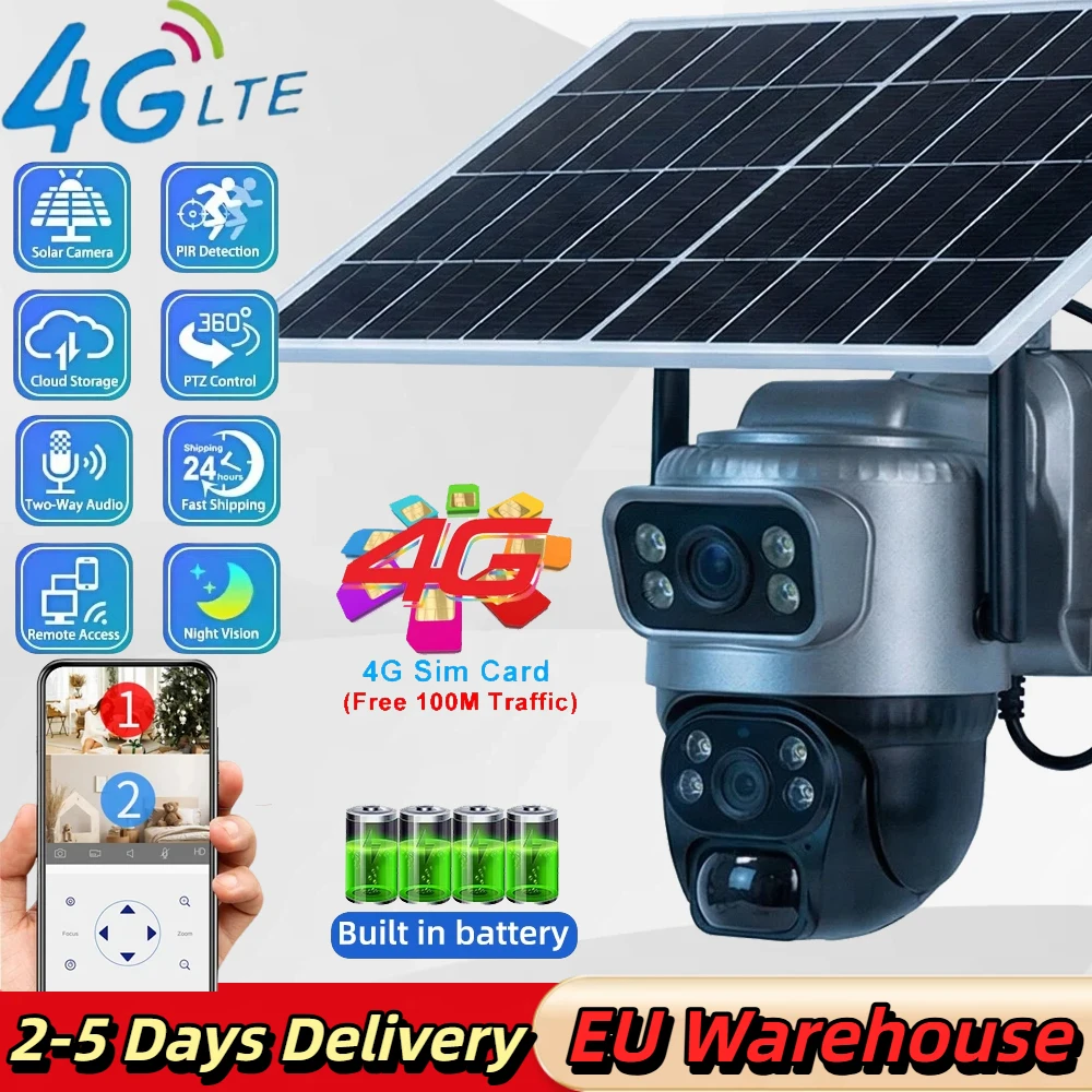 V380 4G mit SIM-Kamera, Solar-HD, 2 Linsen, 2 Bildschirme, 10-fach Zoom, PIR-Bewegungserkennung, Nachtsicht, wetterfestes Design, PTZ, kabellose IP-Außenkamera für CCTV-Sicherheitsschutz