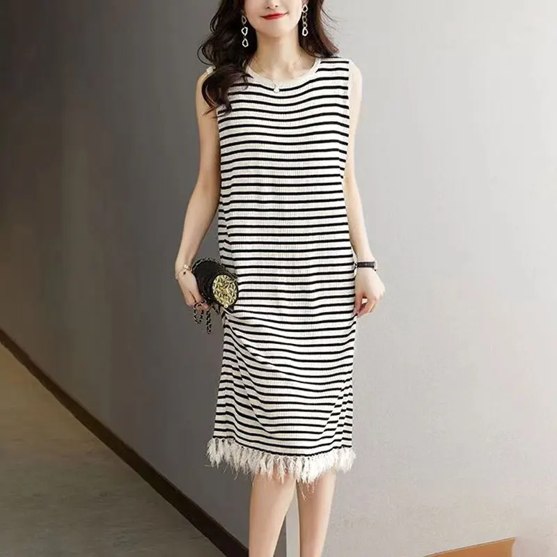 

Summer Striped Sleeveless Midi Dress Korean Straight Female Clothing Vintage Fashion Tassel Spliced All-match O-Neck Sundress