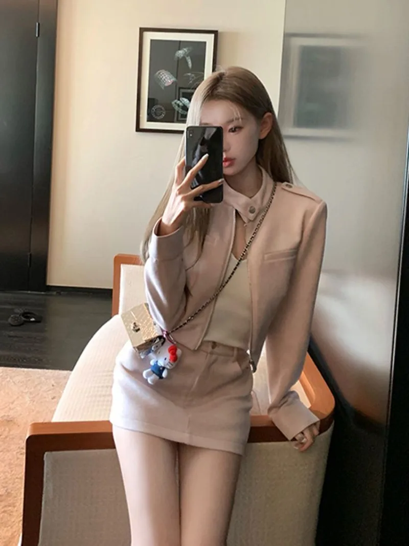 Fashion Sweet Stand Collar Coat Skirt Two-piece Set Women Temperament Pearl Pink Spicy Girl Korean Gentle Solid Slim Spring Suit