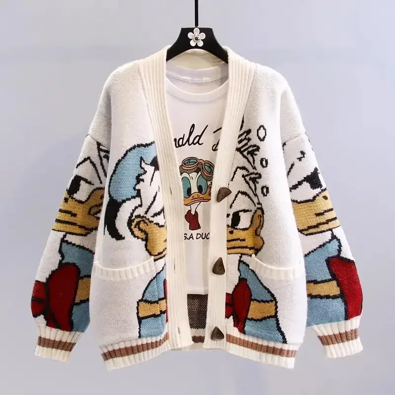 Japanese Cartoon Sweater Jacket Women's Spring Autumn 2024 New Style Loose Fit Outerwear Versatile Knitted Cardigan V-Neck Patte