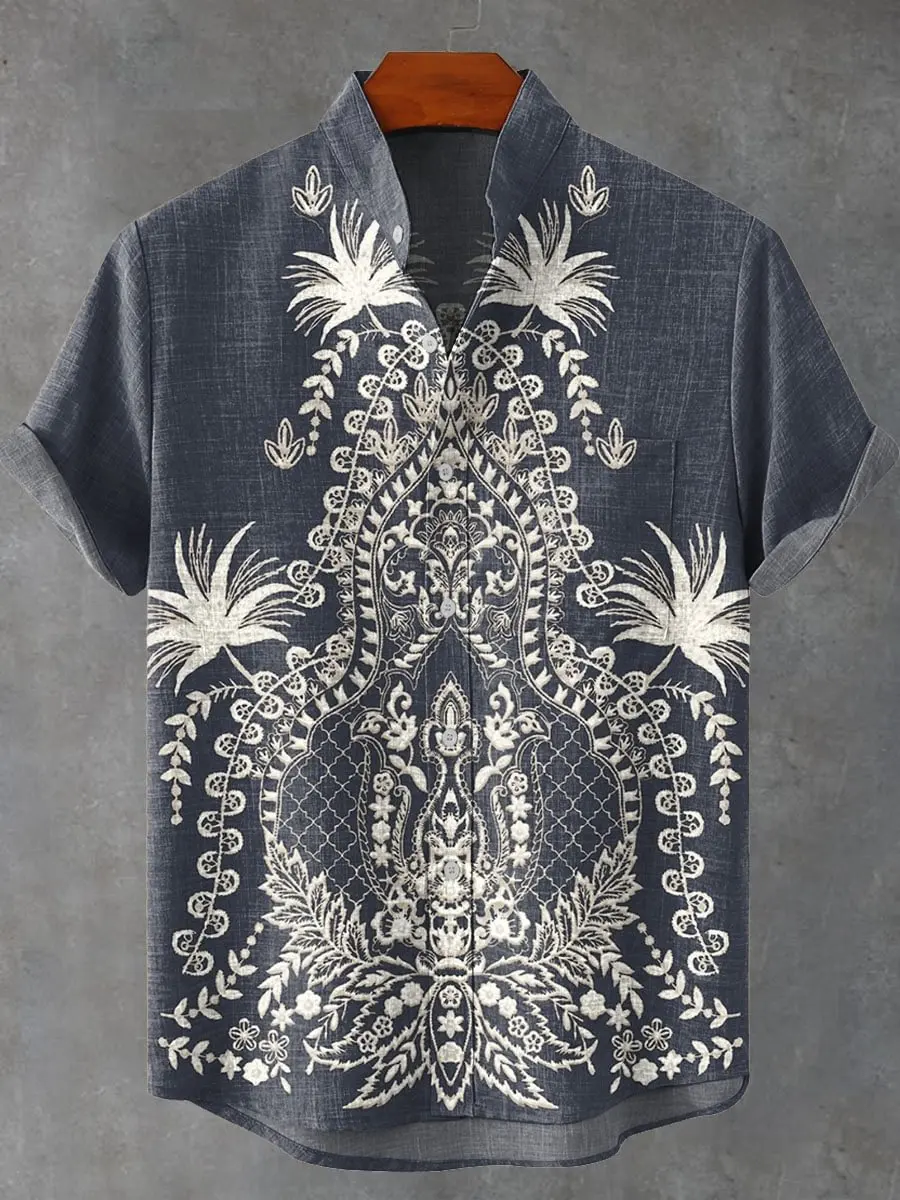 2025 Men's New Hot Selling Beautiful Art Pattern Printed Summer Comfortable Linen Short sleeved Shirt Men's Casual Button Top - Image 3