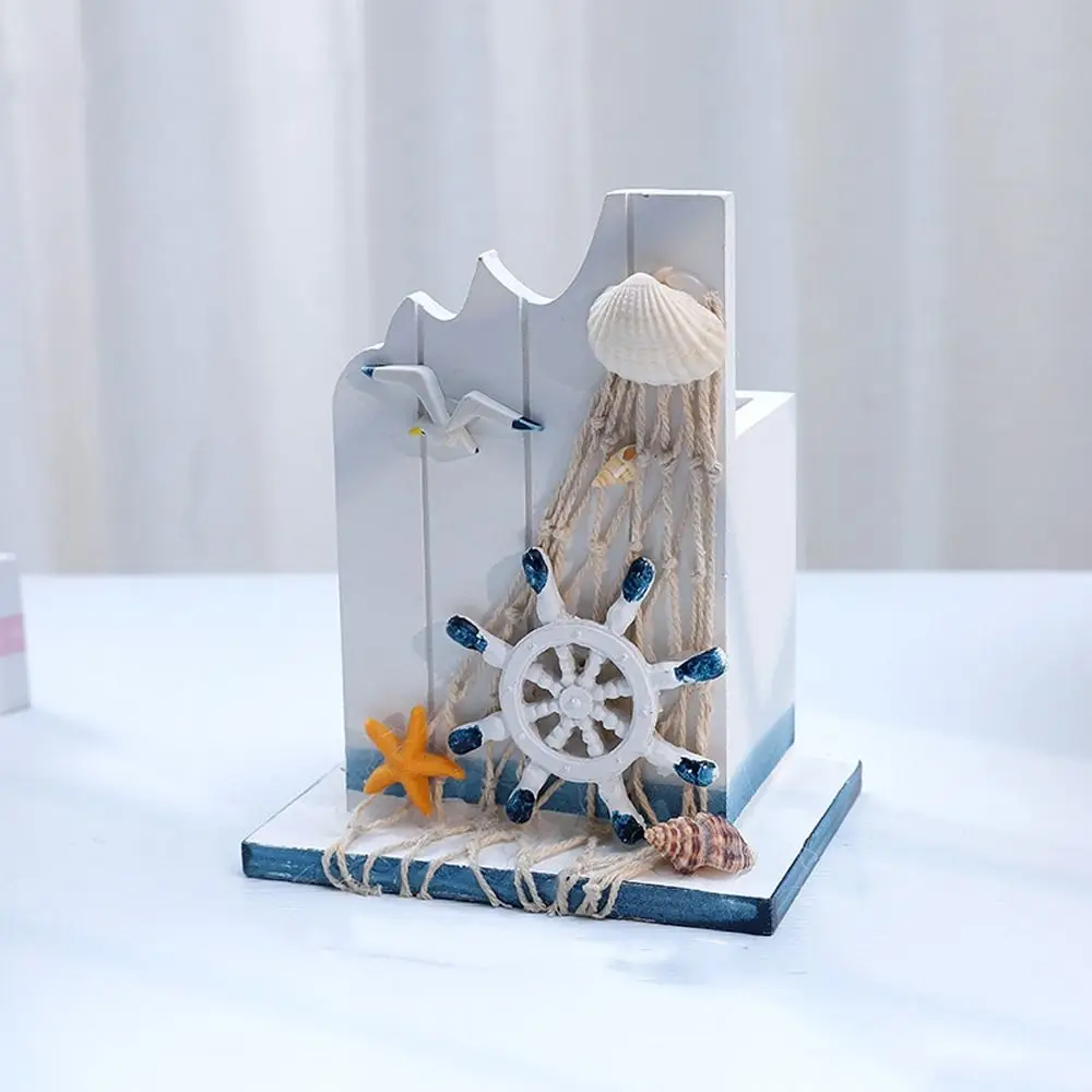 Mediterranean Style Wooden Pen Holder Ocean Style Large Capacity Pencil Storage Box Handmade Pen Container