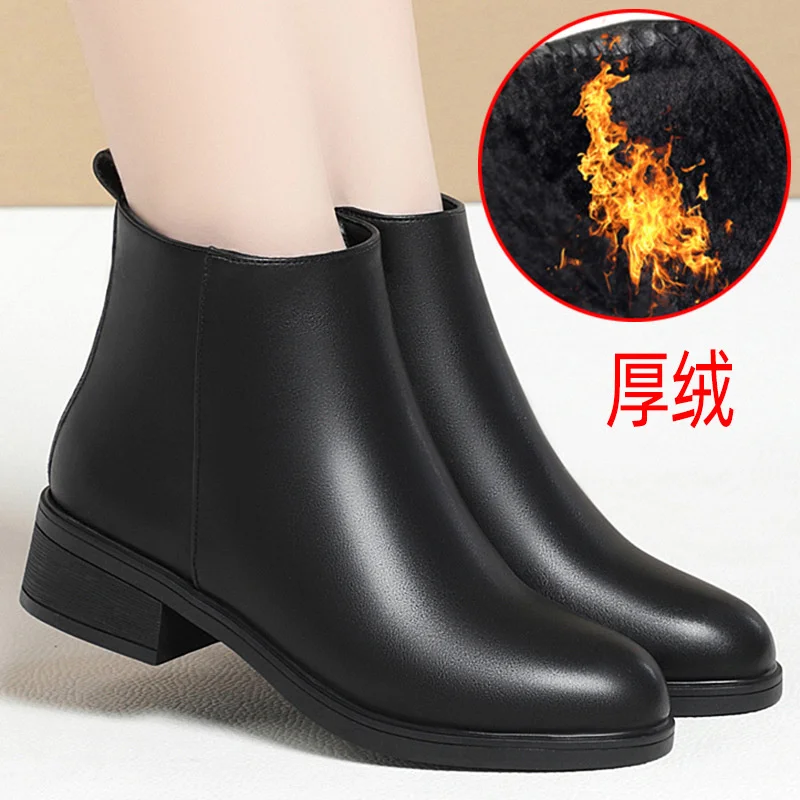 Winter Fashion Women Ankle Boots Mid Heels Dress Velvet Thick Heel Shoes Office Soft Sole Cotton Zipper Boots