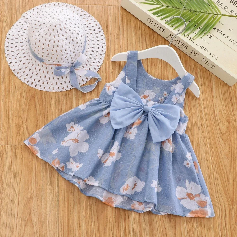 2Pcs/Set Flowers Baby Girls Dresses Summer Fashion Toddler Girl Children Clothes Beach Dress Kid's Costume With Hat 3 6 9 12 18M