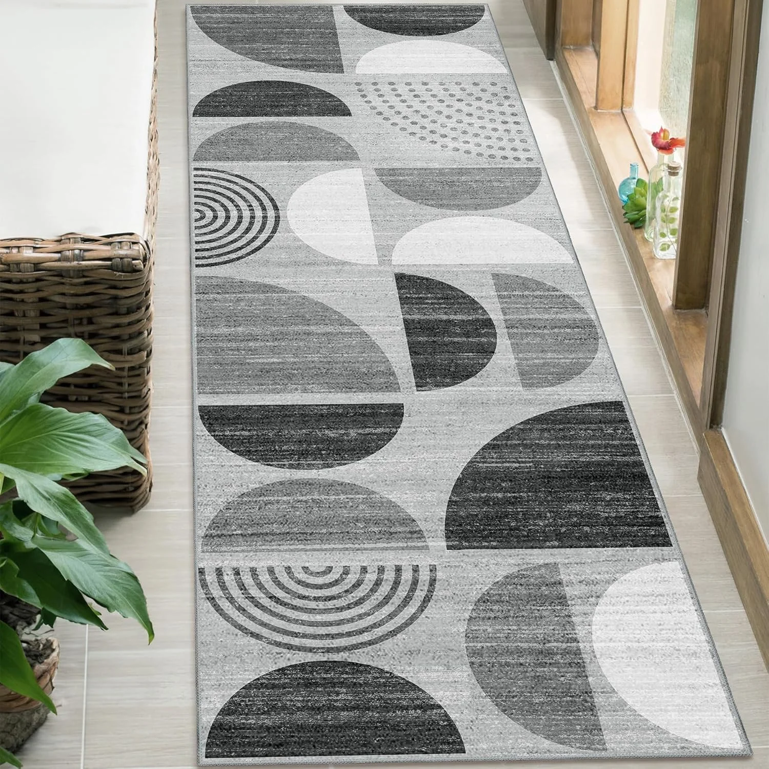 Minimalist Geometric Hallway Rug - Non-Slip Washable Kitchen Runner, Semi-Circle & Stripe Floor Mat for Mid-Century Home Decor