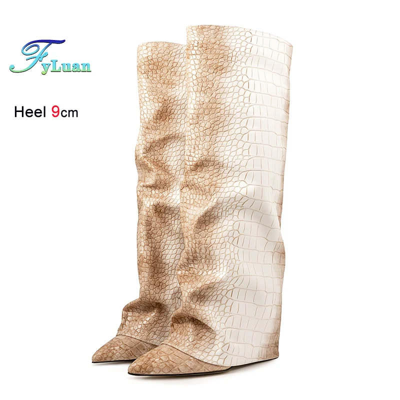 

Женские ботинки градиентного цвета с перевернутым краем, новые высокие сапоги из искусственной кожи с каменным узором 9 см, модные туфли для показа, размер 35-45
