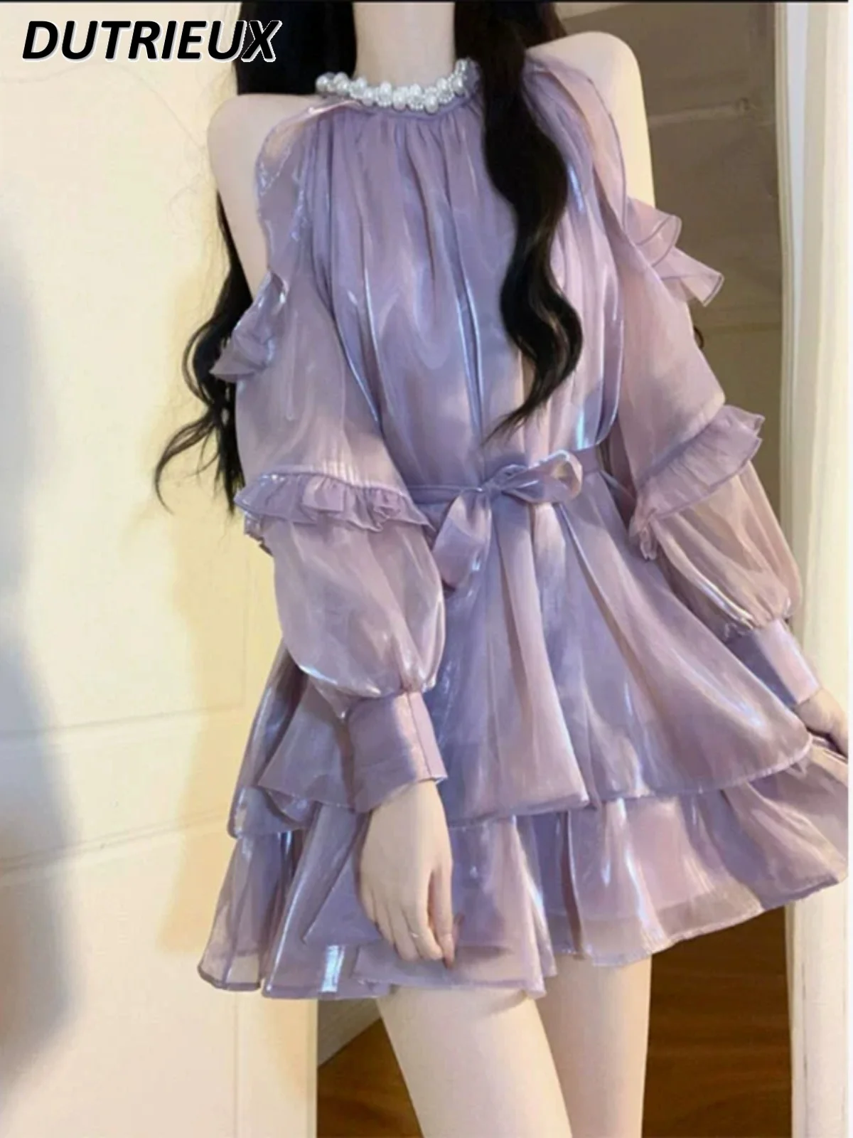 

French Satin Off-Shoulder Halter Dress Women's Summer Sweet Short Fairy Pettiskirt Birthday Purple Long Sleeve Dresses