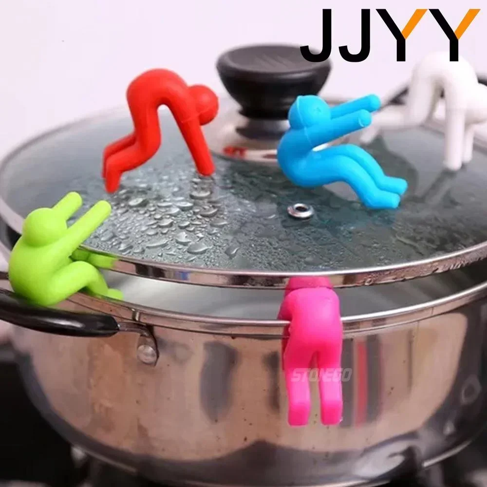 2PCS/ Pack Cute Kitchen Gadgets Silicone Pot Lid Anti-Spill Villain , Lift Up Elevator Mobile Phone Chopsticks Spoon Holder