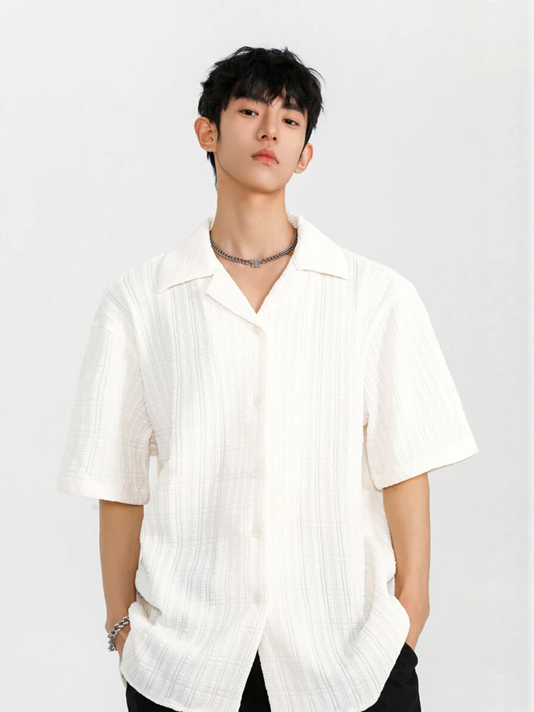 Cuban Collar Textured Loose Fit Short Sleeve Men's Shirt Summer Versatile Casual Half Sleeve Lightweight Breathable Outerwear