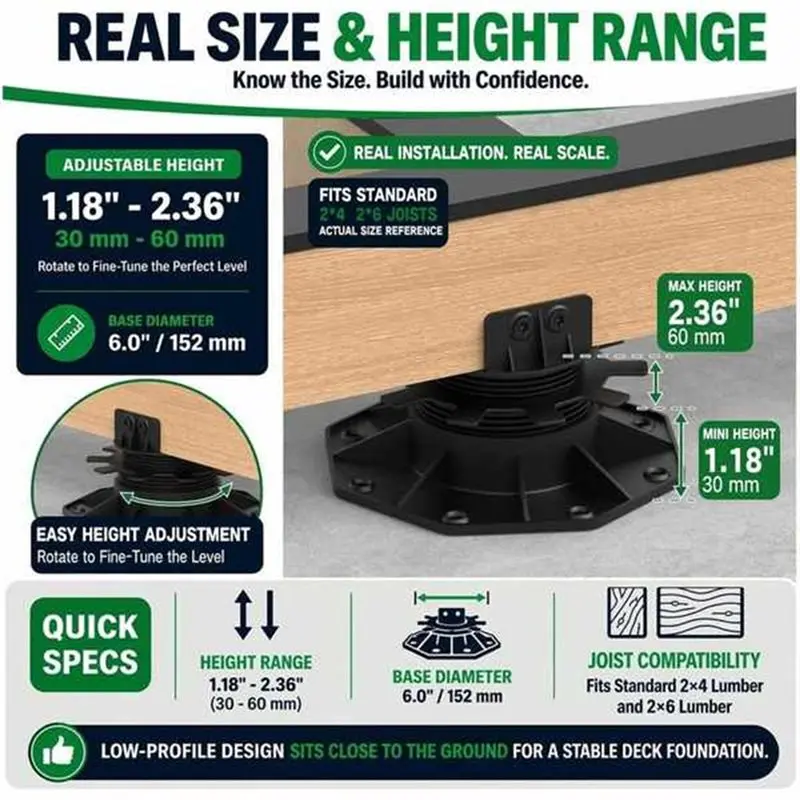 [NEWA08R】 For Deck For 2X4& 2X6 Joist Support Pedestals 10-Pack, Adjustable 1.18