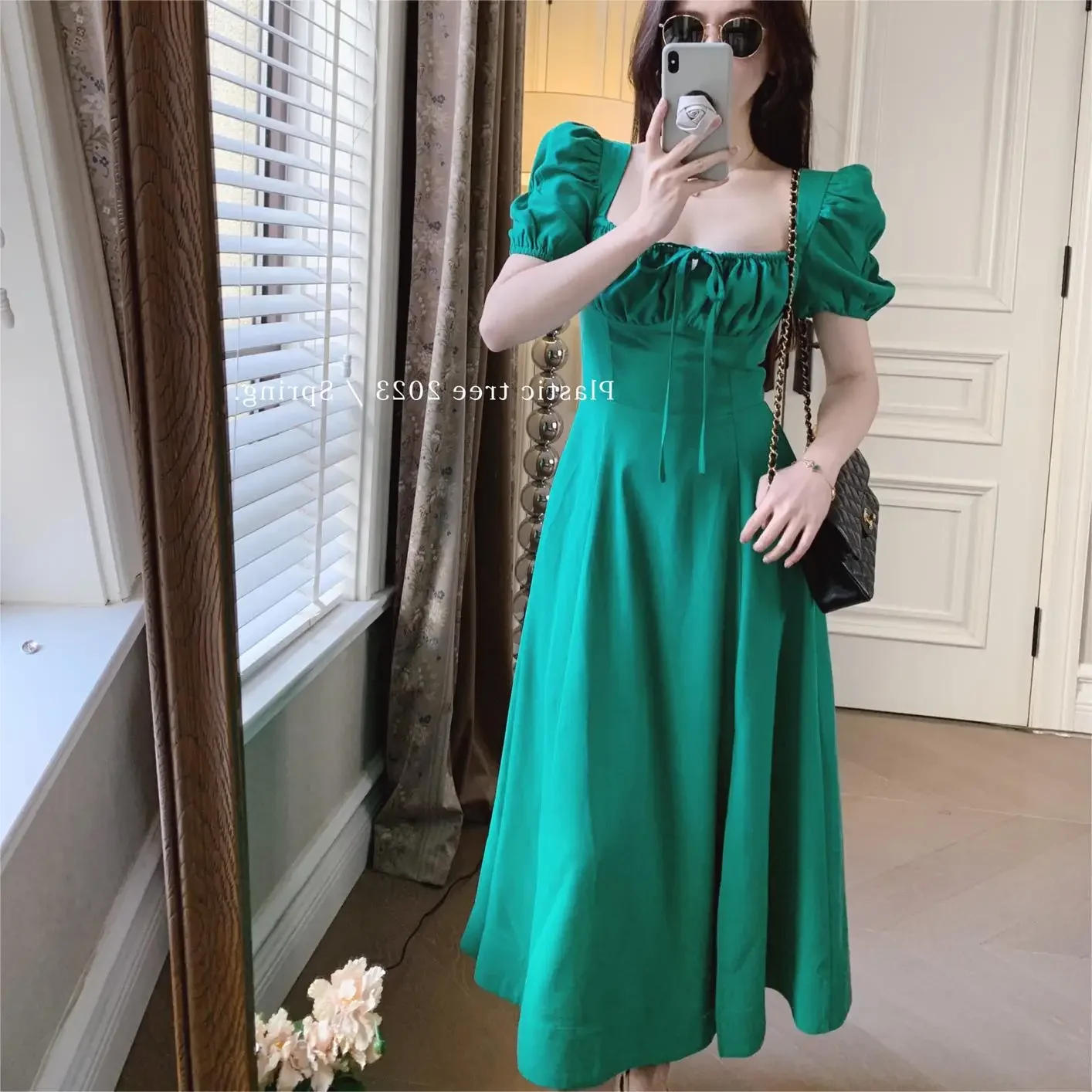 Summer New Fashion French Sexy Artistic Green Square Collar Long Dress Shocking Absolute Gown With Fragments Of Flowers