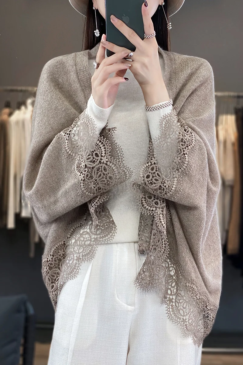 Popular Lace Edge 100% Wool Knitted Shawl Spring Autumn Thin Women's Soft, Skin friendly, Breathable, and Fashionable Cardigan