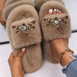 Slippers Women Fluffy Slides Rhinestone Dragonfly Luxury Designer Sandals Ladies Faux Fur Flip Flops Flat Slippers Furry Shoes