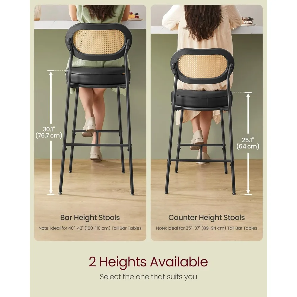 Bar Stools Set of 2, Bar Height Bar Stool with PE Rattan Back, Synthetic Leather Upholstered Stools for Kitchen Island D