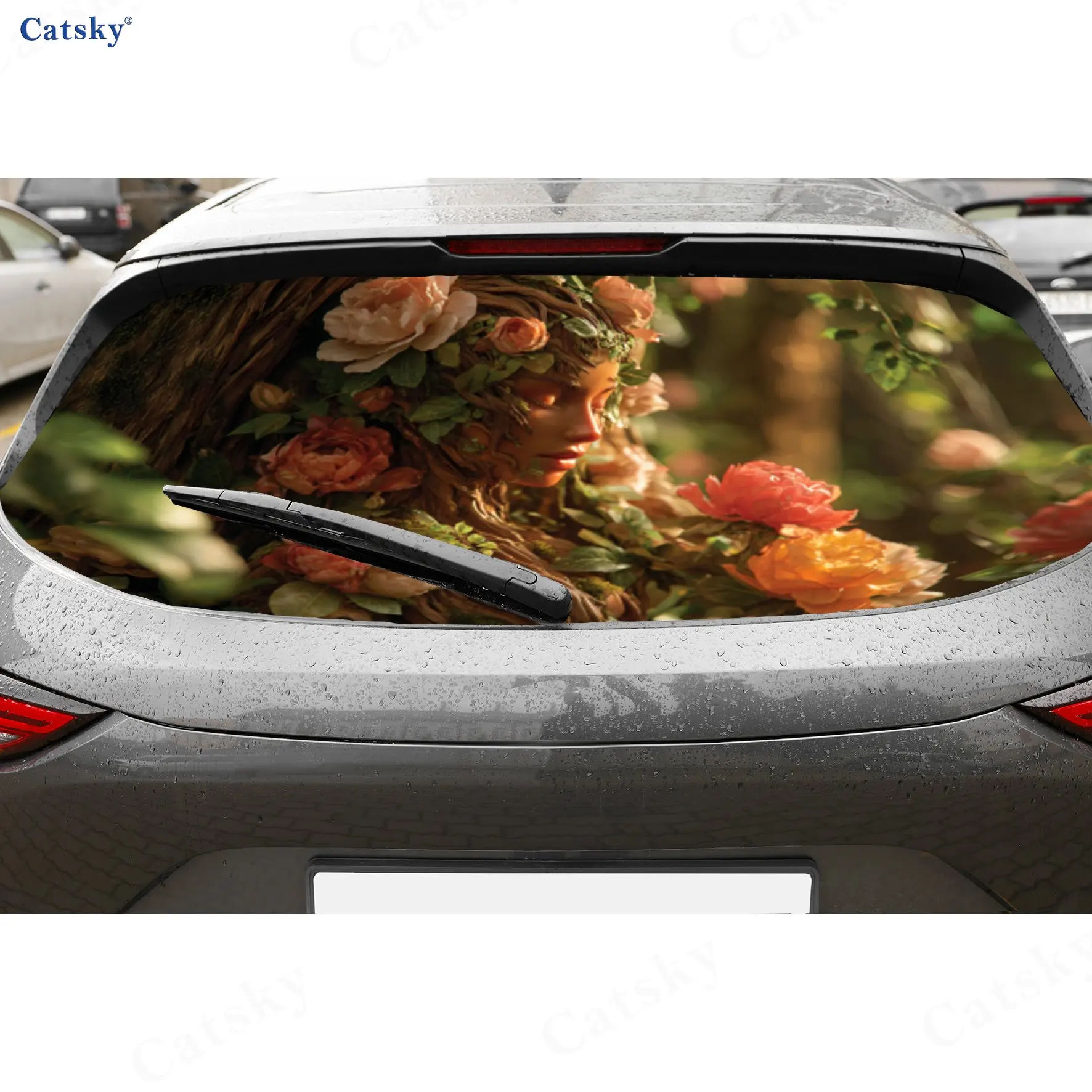 Botanical Art Face Peony PVC Perforated Car Vinyl Wraps, Durable Car Rear Windshield Sticker, Waterproof Car Rear Window Decal
