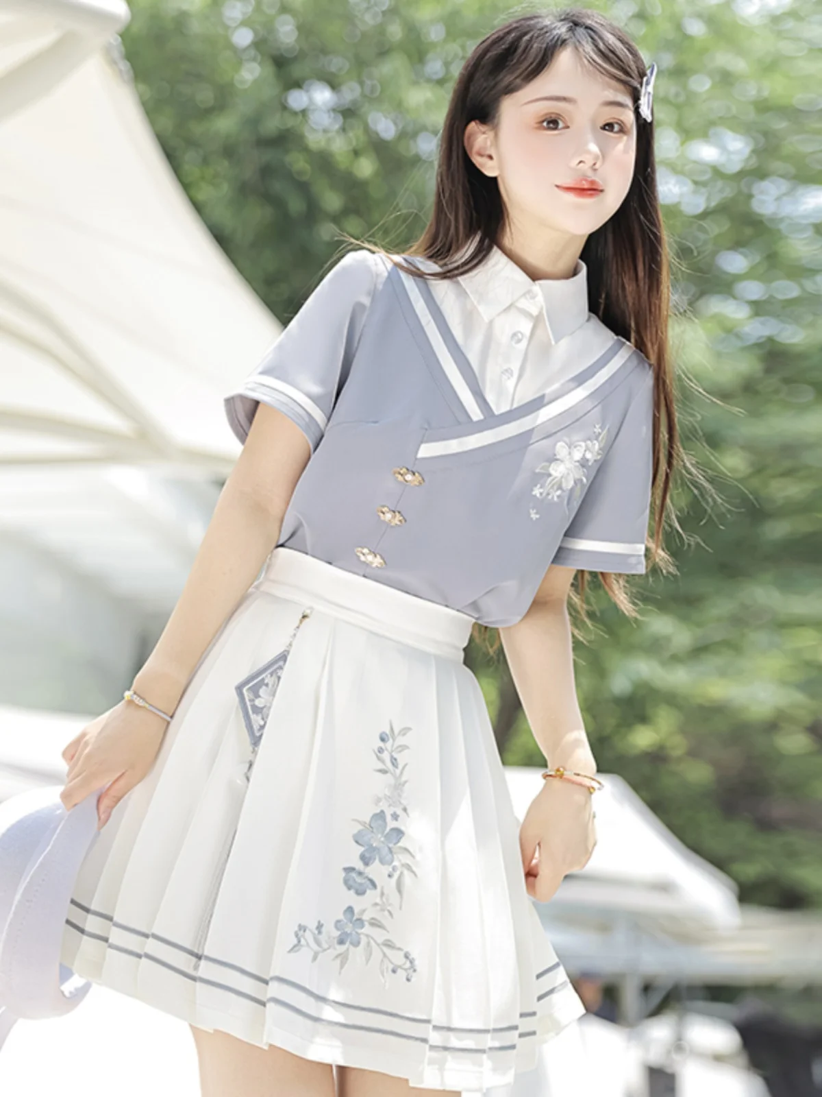 2024 New Summer Girl Women\'s Chinese Style Improved Short Sleeve Loose Shirt Top Slim High Waist Pleated Skirt Fashion Outfit