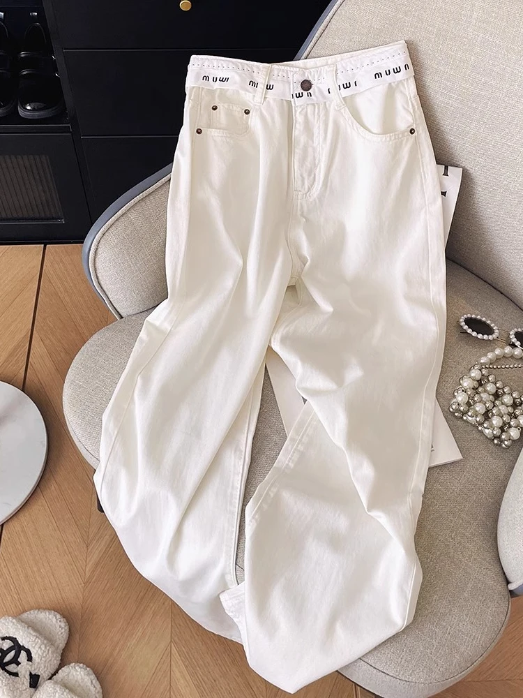 

2024 White High Waist Jeans Wide Leg Pants Women's Spring Summer New High Quality Loose Slimming Straight Trousers Trendy