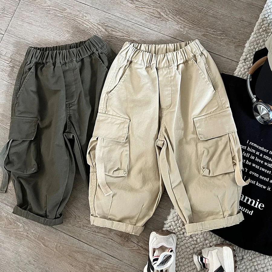 

Children's Workwear Casual Pants for Boys Japanese Style Washed Vintage Versatile Pants with Large Pockets Fashionable Pants