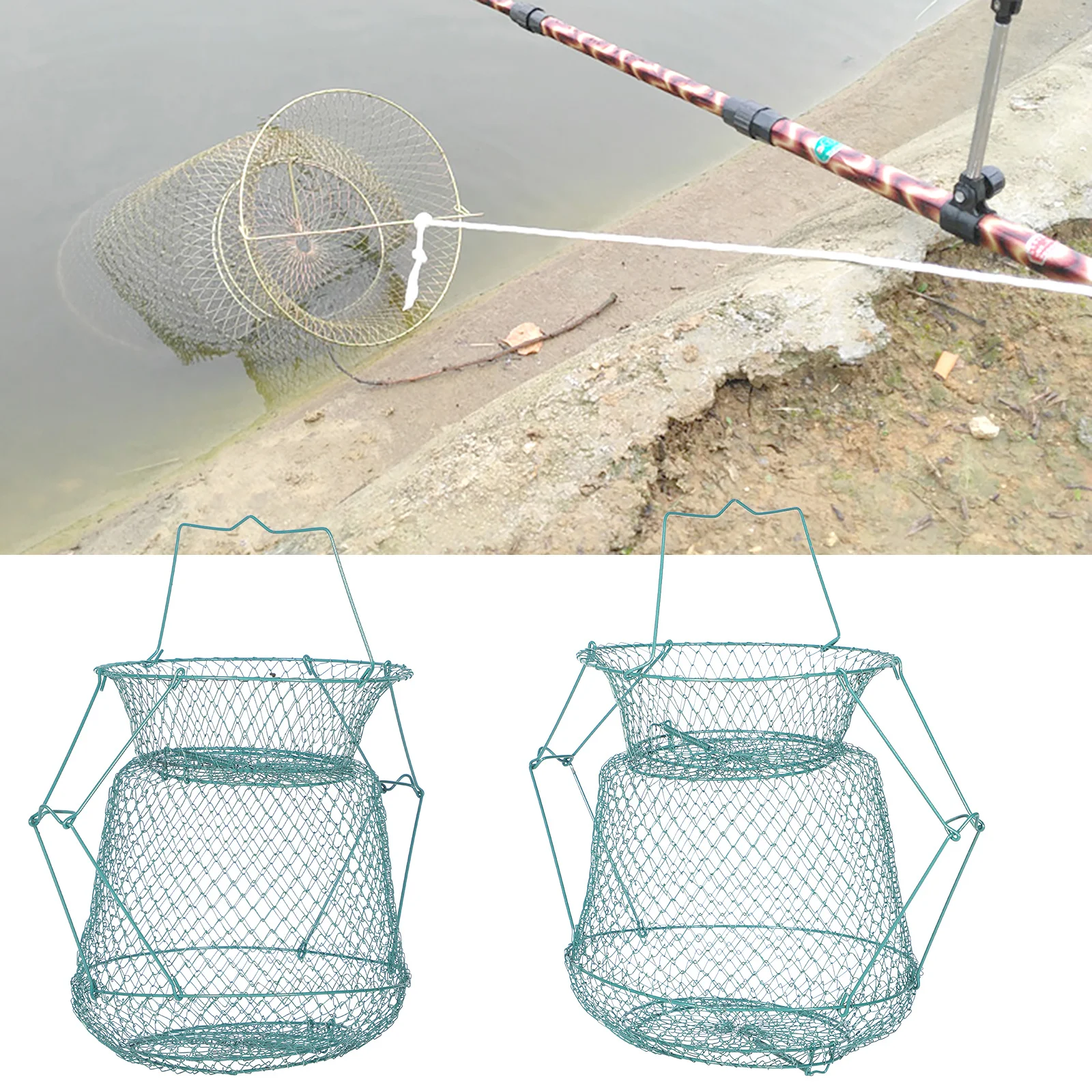 

Portable Stainless Steel Crab Basket Metal Fishing Net Foldable Storage Cage Durable Quick-Drying Shiny Fishing Accessories