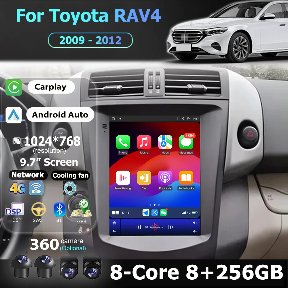 

360 Camera Car Radio Multimedia Video Player GPS Navigation For Toyota RAV4 2009 - 2012 Android 16 Wireless Carplay BT 9.7 Inch
