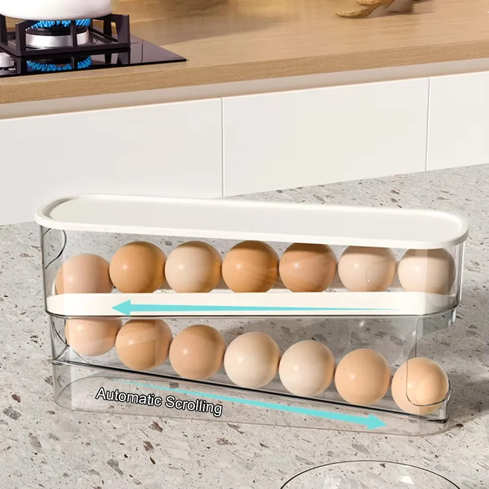 1pcs Egg Storage Box Large Capacity Automatic Scrolling Refrigerator Egg Holder Organizer Double Layer Egg Tray Drawer Box