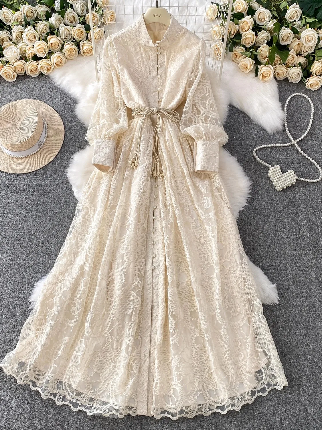 

Autumn Spring Women Dress Holiday Long Lantern Sleeve Pearl Buttons Embroidery Lace Pencil Party Prom Evening Midi Long Dresses
