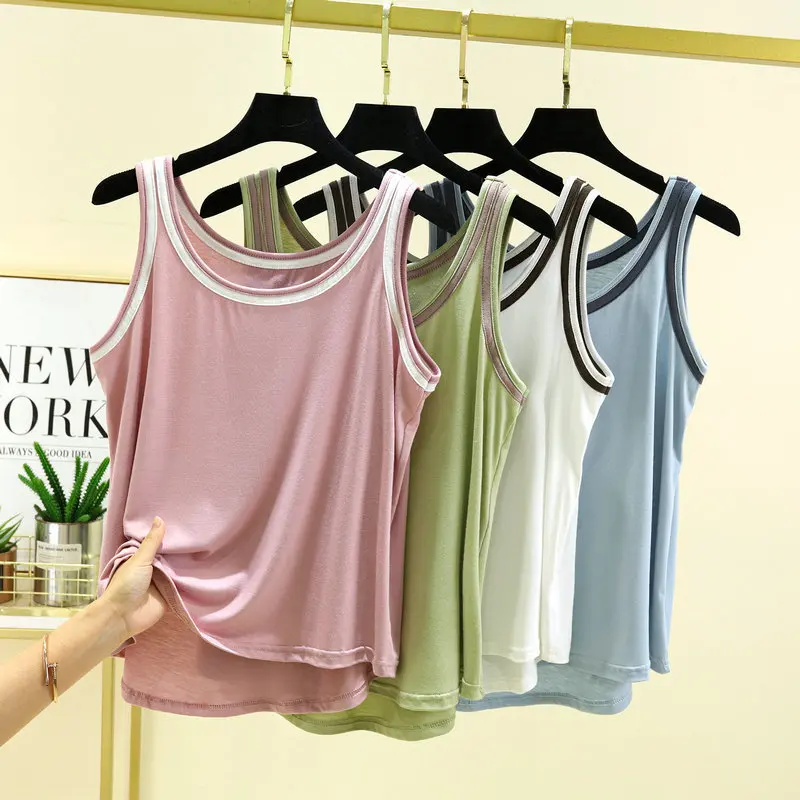 Modal Camisole summer women\'s Tank tops Contrast color all match Tshirts sleeveless O-Neck Bottoming Top