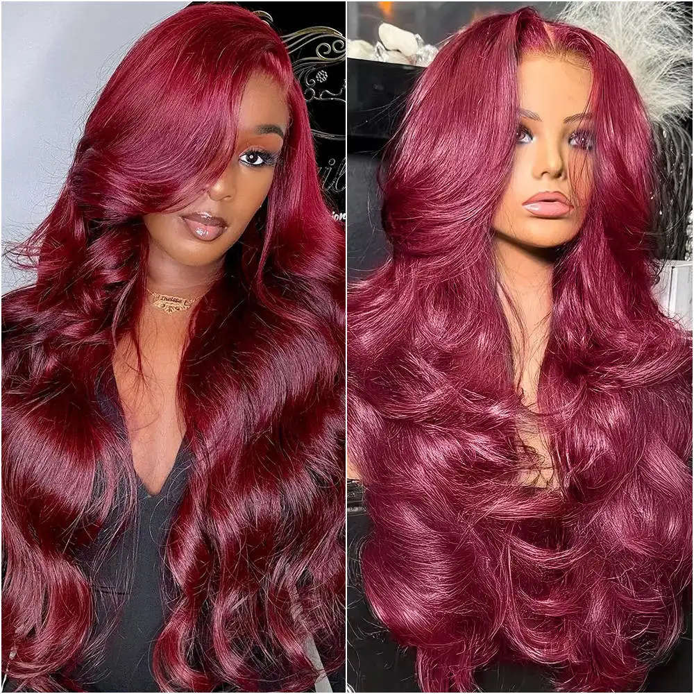 

4x4 5x5 Body Wave Wig Burgundy 99J Lace Front Wig 13x6 HD Lace Frontal Wig Human Hair 13x4 Pre Plucked 200% Red Colored Wig