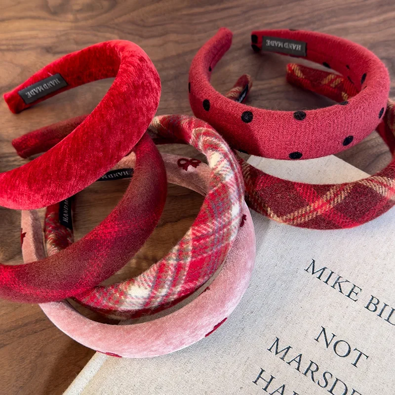 Retro Red Sweet Wool Headbands for Woman Girl Temperament Hair Hoop Sponge Wide Hair Band Female Christmas Hair Accessories Gift