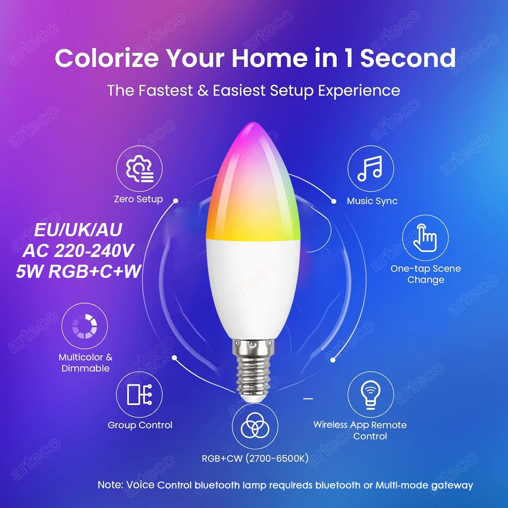 Tuya E14 Candle Lamps Smart Led Bulbs APP Control Bluetooth WIFI RGB C+W LED Light Dimmable Smart Life Room Home Chandelier Lamp