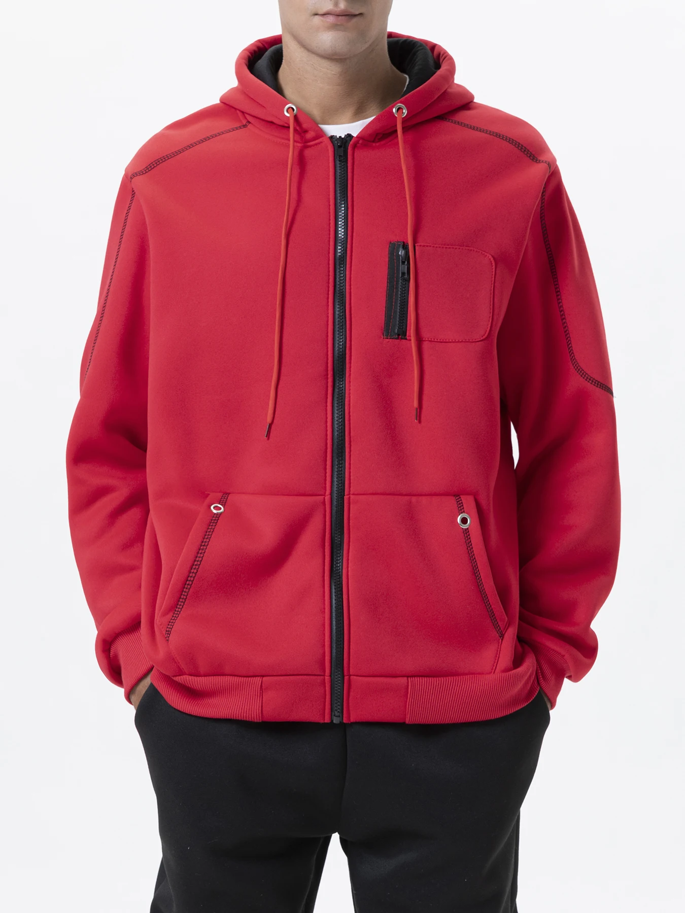 Classic Heather Knit Men Thermal Sweatshirt Jacket Stand Collar Contrast Zipper Tape Zipper Storage Pockets Ribbed Trims Daily