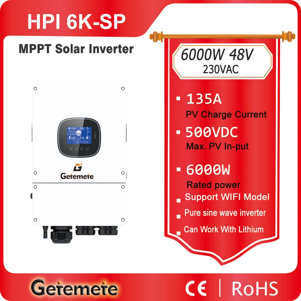 Getemete 6000W 48V 230Vac Pure Sine Wave Hybrid Inverter MPPT 135A Solar Charger Max PV Input Voltage 500VDC Off-Grid