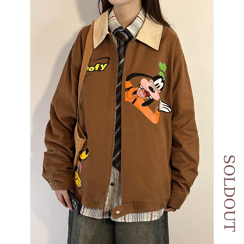 Chaqueta con solapa bordada de dibujos animados infantiles Retro americano para mujer, Top holgado de estilo universitario, chaquetas femeninas de manga larga con cremallera