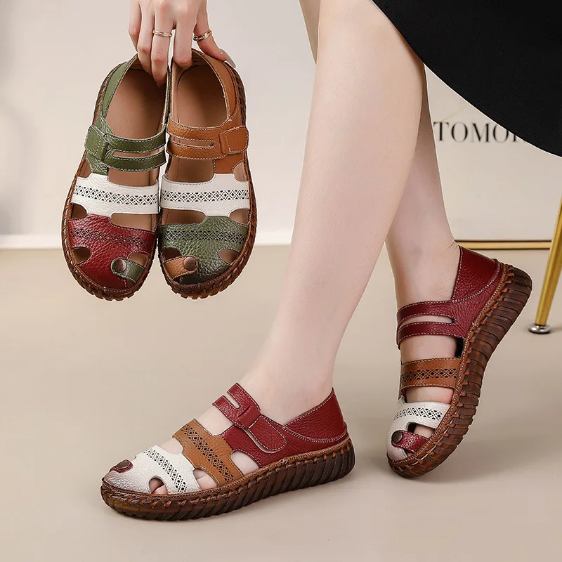 

2024 New patchwork gladiator sandals women's handmade bohemian shoes big size 42 43 woman cow leather sandal ladies strap flats