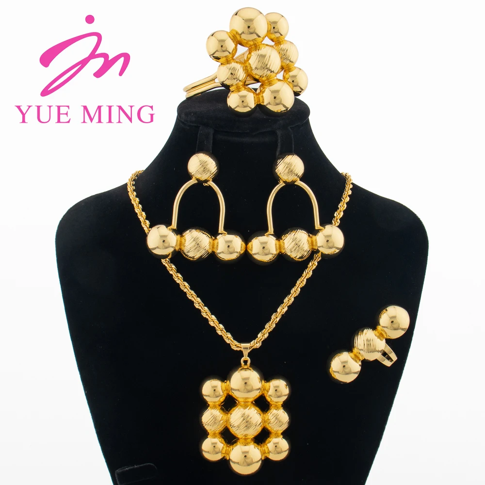 

Round Beads Jewelry Set for Women Dubai Gold Plated Necklace Copper Earrings Cuff Bangles Ring Bridal Wedding Jewellery Gifts