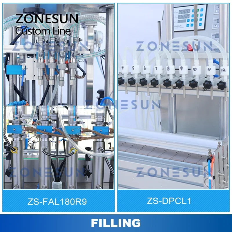 ZONESUN Custom Production Line Bottle Liquid Paste Filling Capping Labeling Machine Multi head Constant heating ZS-FAL180R9