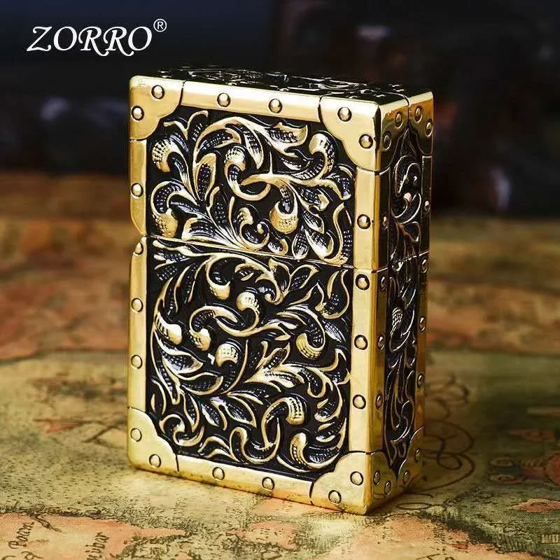 2024 New Zorro Brand Pure Copper Five-sided Arabesque Carving Pattern Windproof Kerosene Lighter Armor Men\'s Collection Gift