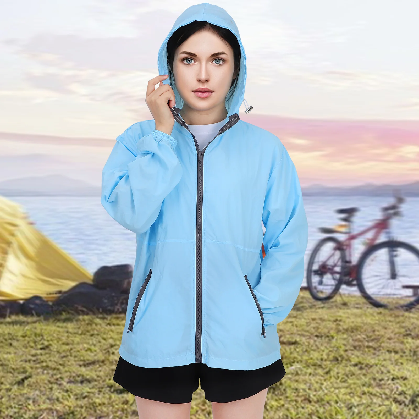 

1pcs Women'S Lightweight Waterproof Hooded Rain Jacket Outdoor Windbreaker For Travel Hiking Camping Spring Fall