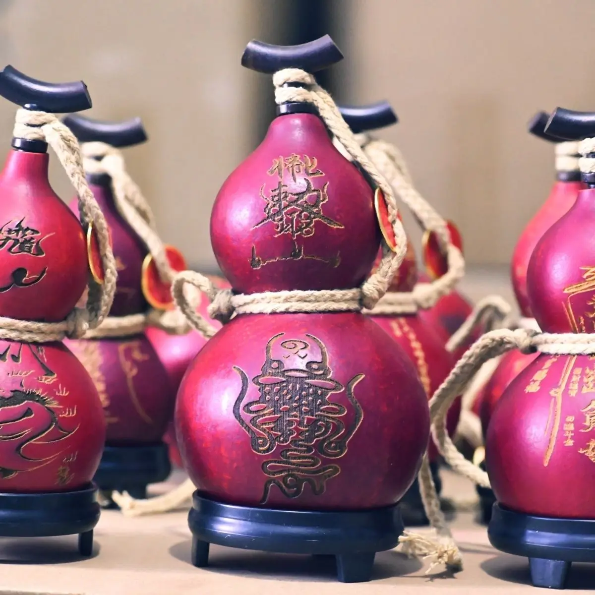Natural Gourd Wealth Evil Protection Wulei Cinnabar Lacquer Carving Wooden Stopper Home Decoration Ornament