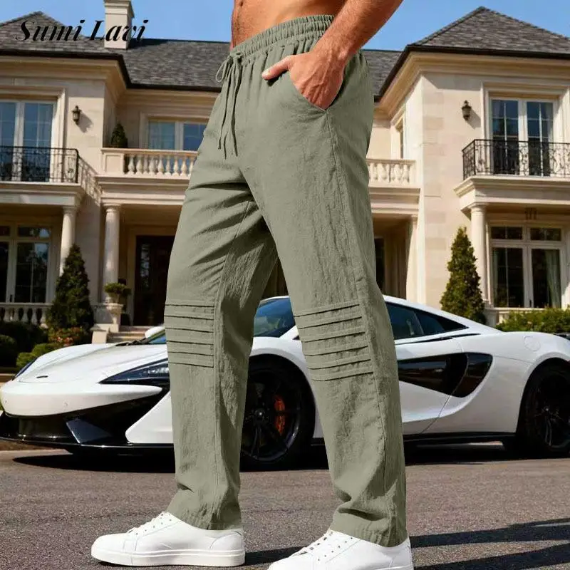 

Повседневные мужские льняные брюки для отпуска, винтажные свободные прямые брюки на шнуровке, весна-осень, повседневные дышащие мужские брюки для отдыха