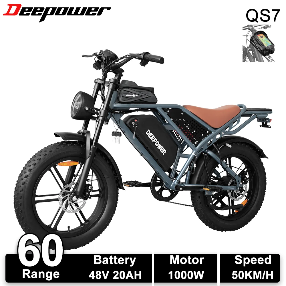 DEEPOWER QS7 Adult Electric Bike 1000W 48V 60Ah Dual Battery Off-Road Electric Bicycle 20 Inch Dual Suspension All-Terrain Ebike