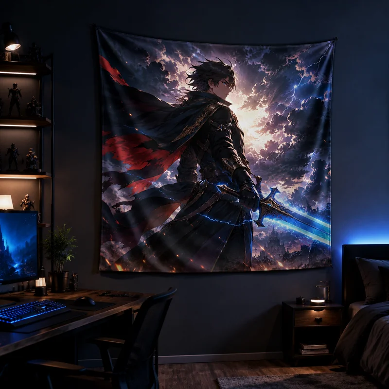 VIKAMA Sturm-Schwert-Reitmotiv Anime-Wandteppich im Dunklen Fantasy-Stil mit Schwert haltender Jugendfigur Bedruckter Wandbehang zur Raumdekoration