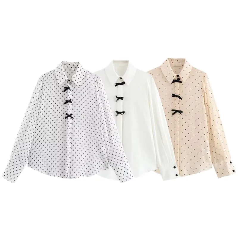 

Spring 2025 Women's irt Polka Dot Bow Tie Long Sve Turn-down Collar Ele New Arrival Versatile Sle Regular Sve L...